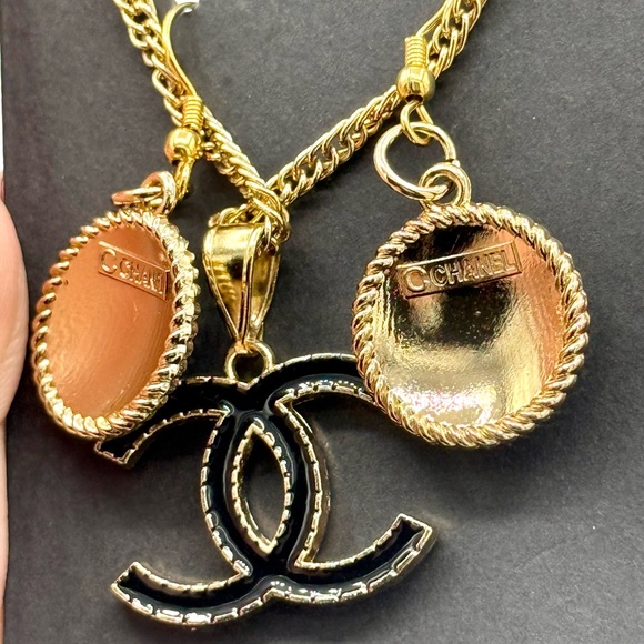 Upcycled 3-Piece Chancel Earrings + Pendant Necklace - Authentic, Stamped - Gold - Picture 4 of 7